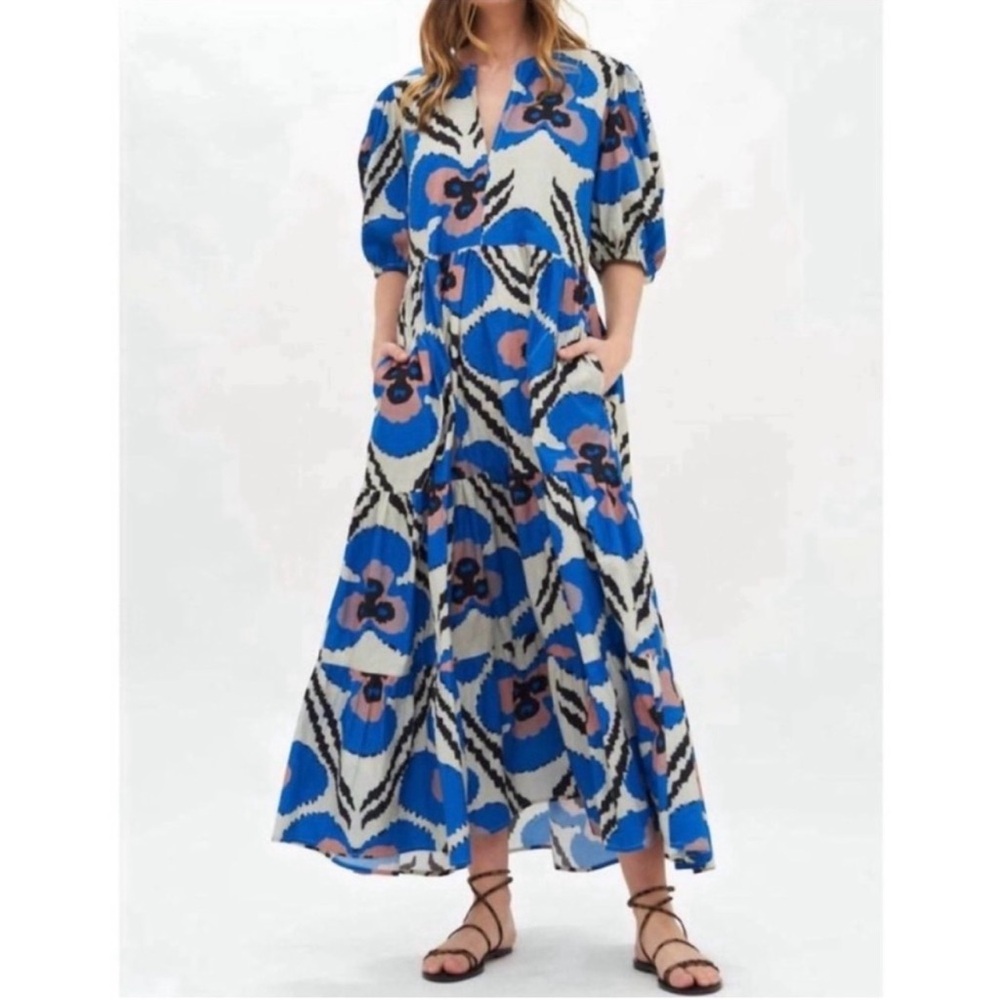 Oliphant Puff Sleeve Tiered Maxi Dress in Cobalt Patola Floral Print Women's 2XL